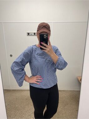 GAP Blue Gingham Ruched Balloon-Sleeve Top western country cowgirl large
